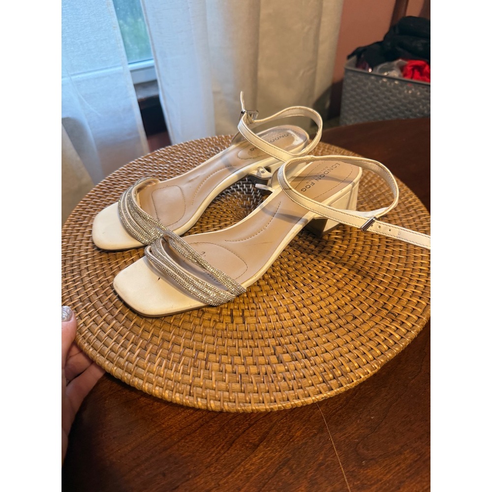 London Fog Collection White Rhinestone Ankle Strap Block Heel Sandals Square Toe